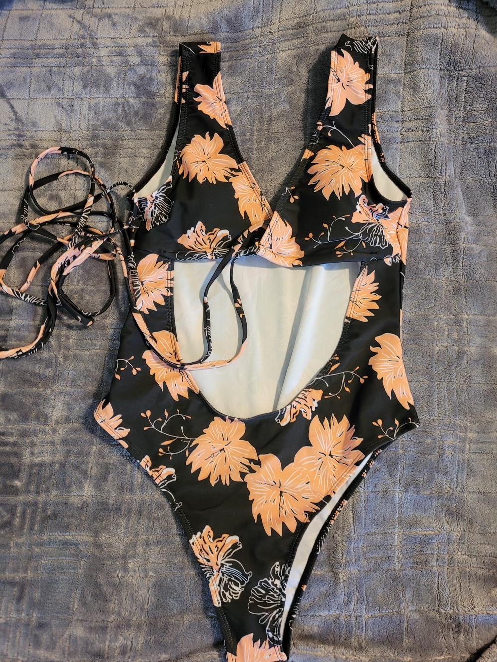 SHEIN Black One-Piece Monokini  Swimsuit with Peach Floral Print